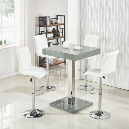 An Image of Topaz Bar Table In Grey High Gloss With 4 Ripple White Stools