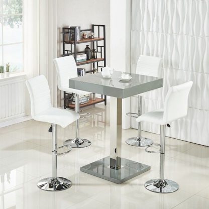 bc8f31bcf654265407b060c23b6ba92475d0cc2c49c7f2a2a04eb02c1248fe76.jpg An Image of Topaz Bar Table In Grey High Gloss With 4 Ripple White Stools