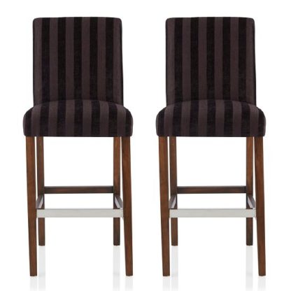 An Image of Alden Bar Stools In Aubergine Fabric And Walnut Legs In A Pair