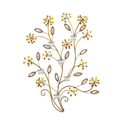 An Image of Bronze Metal Branch Jeweled Flowers 6 Tealight Holder Wall Art