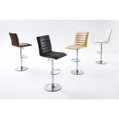 bd6b7c4f8c9ef438938d4bc0496f0d435911e555c90b6559c8eb356c291a19c5.jpg An Image of Maren Ribbed Bar Stool In Brown Faux Leather With Chrome Base