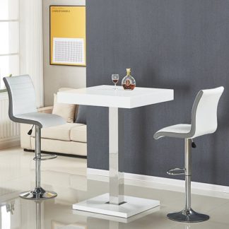 An Image of Topaz Bar Table In White Gloss With 2 Ritz White Grey Stools