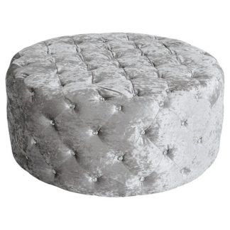 An Image of Wrigley Fabric Round Pouffe In Crushsed Silver Finish