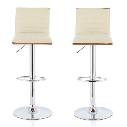 be9904291298b95e3a6c6fb3fc37f4cc871e7429bba1d0956a96b80eda1d7019.jpg An Image of Morsun Bar Stools In Walnut And Cream PU In A Pair