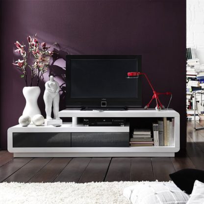 bed54ccad3bb5cf56b072eac99dc9e5b34240328de6748009d67139f00d3230b.jpg An Image of Celia High Gloss Plasma TV Stand With 2 Drawer In White And Grey