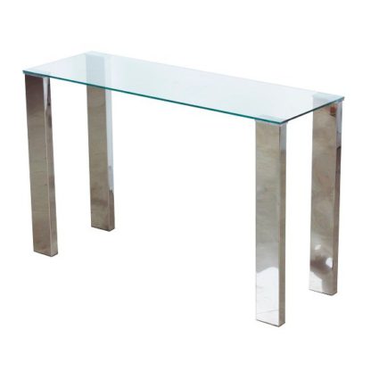 bf89db0a82f467ef3e8ae2e2cb4edcedaeed82ede15c1e2f9852283c8a78a2aa.jpg An Image of Splash Console Table Rectangular In Clear Glass With Chrome Legs