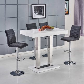 An Image of Caprice Bar Table In White Gloss With 4 Ripple Black Bar Stools