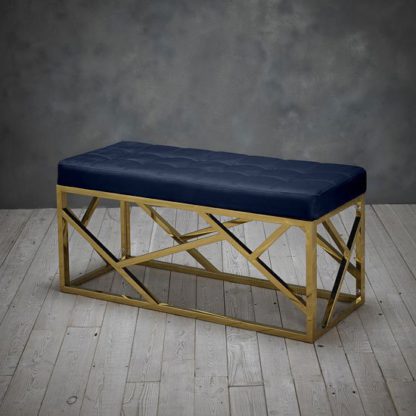 An Image of Renata Fabric Dining Bench In Blue With Gold Frame