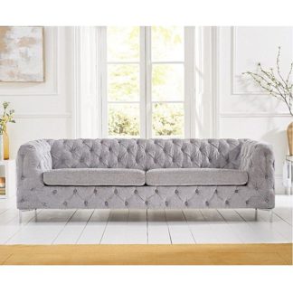 An Image of Sabine Velvet Three Seater Sofa In Plush Grey With Metal Legs