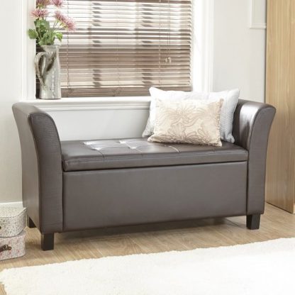 An Image of Charter Ottoman Seat In Brown Faux Leather With Wooden Feet