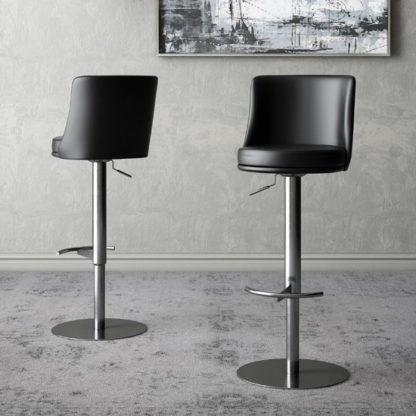 An Image of Bruno Black Faux Leather Gas-lift Bar Stools In Pair