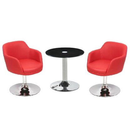 An Image of Belize Glass Bistro Table In Black With 2 Bucketeer Red Chairs