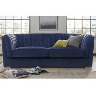 An Image of Flores Fabric 3 Seater Sofa In Blue Velvet With Chrome Legs