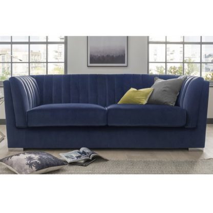 An Image of Flores Fabric 2 Seater Sofa In Blue Velvet With Chrome Legs