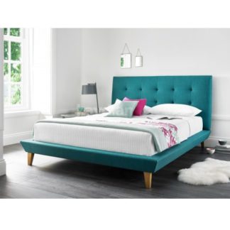An Image of Stratus Fabric King Size Bed In Teal With Wooden Legs