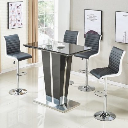 c6d6dc16e803085ae9de4c8dc2e74dcde5c57631447c20bdfb47180cd81b37bc.jpg An Image of Memphis Glass Bar Table In High Gloss Black And 4 Ritz Stools