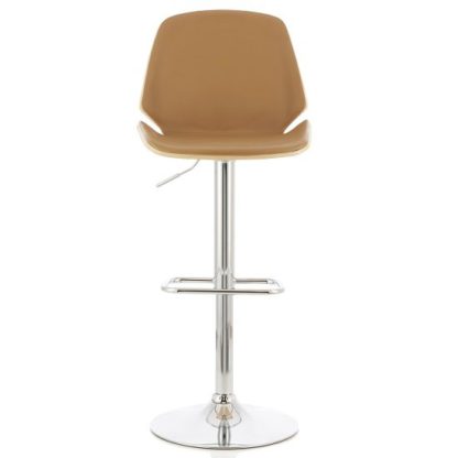 An Image of Elicia Bar Stool In Oak And Beige PU With Chrome Base