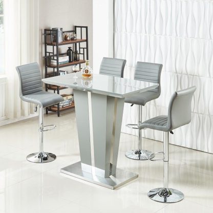 An Image of Memphis Glass Bar Table In High Gloss Grey And 4 Ripple Stools
