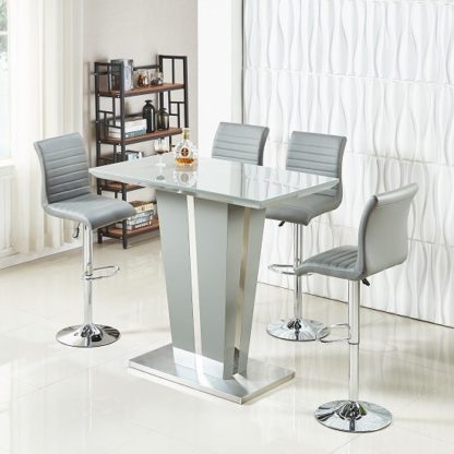 c7491520e40c6b6461fdeec16d1c9348a5af897cb39ce134d00631e38a81c1e5.jpg An Image of Memphis Glass Bar Table In High Gloss Grey And 4 Ripple Stools