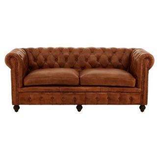 An Image of Ratliff Chesterfield Design Leather Three Seater Sofa In Brown