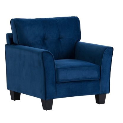 An Image of Beckton Fabric Armchair In Blue Velvet With Wooden Legs