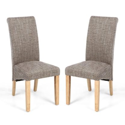 An Image of Karta Scroll Back Tweed Oatmeal Dining Chairs In Pair