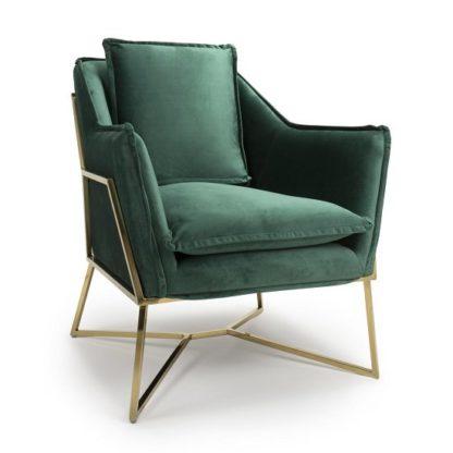 An Image of Carrello Arm Chair In Brushed Velvet Green With Gold Frame