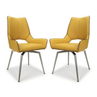 An Image of Mako Swivel Leather Effect Yellow Dining Chairs In Pair