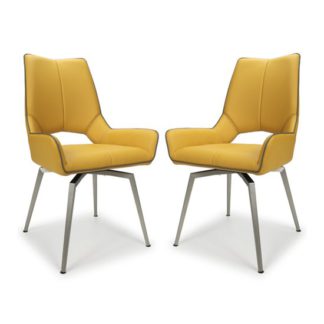 An Image of Mako Swivel Leather Effect Yellow Dining Chairs In Pair