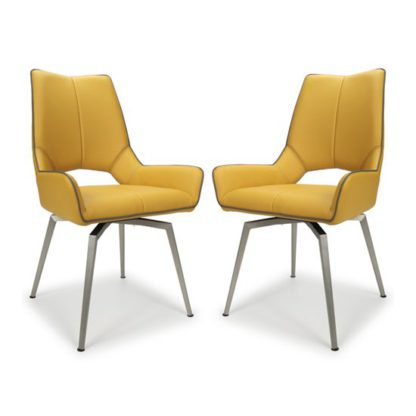cb6c69b6561edb1c6c8f223f0547853fa332c3f03676088fab7effd066688490.jpg An Image of Mako Swivel Leather Effect Yellow Dining Chairs In Pair