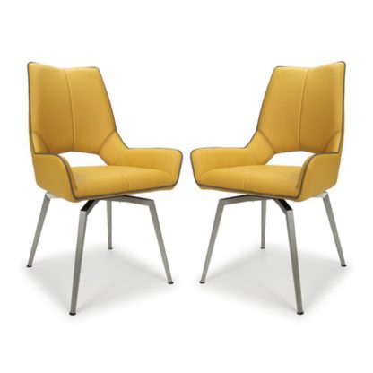 An Image of Mako Swivel Leather Effect Yellow Dining Chairs In Pair