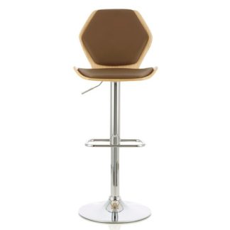 An Image of Melanie Bar Stool In Oak And Beige PU With Chrome Base