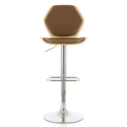 An Image of Melanie Bar Stool In Oak And Beige PU With Chrome Base