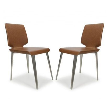 An Image of Skypod Urban Tan Armless Leather Effect Dining Chair In A Pair