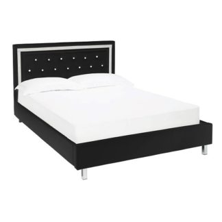 An Image of Branson Double Bed In Black Faux Leather With Diamante