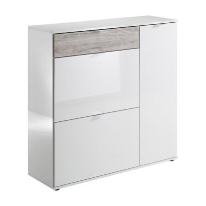 An Image of Portino Wide Shoe Cabinet In White High Gloss And Sand Oak