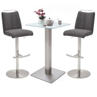 An Image of Soho White Glass Bar Table With 2 Giulia Fabric Anthracite Stool