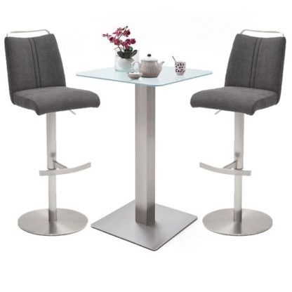 cd38eed8280995f0cacfcb27a10028794901a9b1d13ab01cba79ebcb85015cf6.jpg An Image of Soho White Glass Bar Table With 2 Giulia Fabric Anthracite Stool