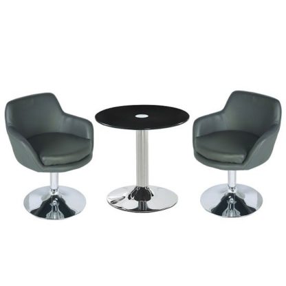 An Image of Belize Glass Bistro Table In Black With 2 Bucketeer Grey Chairs