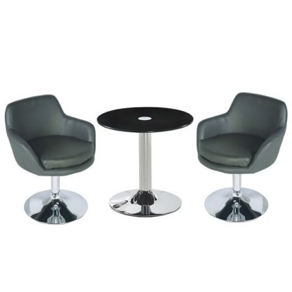 cda24bba72a7be06bae8c100dd8cf43e2aad6d036c65a8991f3f51ea8f7c9c96.jpg An Image of Belize Glass Bistro Table In Black With 2 Bucketeer Grey Chairs