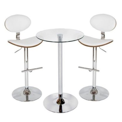 cfee185822dabe50106a7fdc3fa17972261b1ae19e1d90e8be332520676ddb27.jpg An Image of Bente Bar Table In Clear Glass With 2 Shanon White Stools