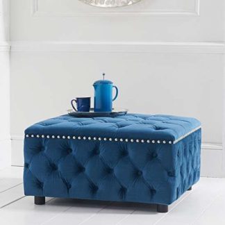 An Image of Aniara Velvet Square Footstool In Blue