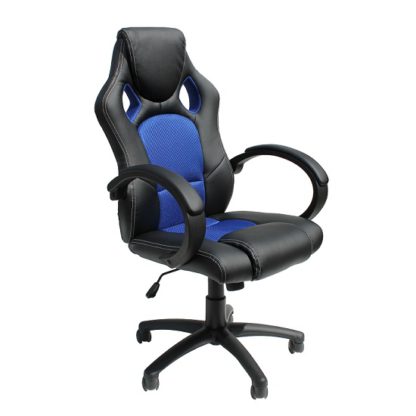 d01adcdfb40473df994be883b4a73def8096b57a7177be0e6a53eeb7ceec46e8.jpg An Image of Tropez Home Office Chair In Blue Fabric And Black Faux Leather