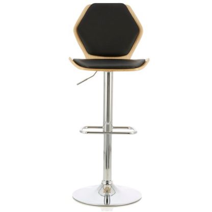 An Image of Melanie Bar Stool In Oak And Black PU With Chrome Base