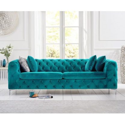 An Image of Sabine Velvet Three Seater Sofa In Plush Teal With Metal Legs