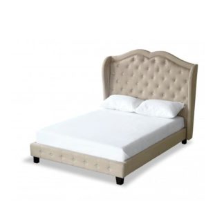 An Image of Benson Fabric King Size Bed In Beige Linen With Dark Legs
