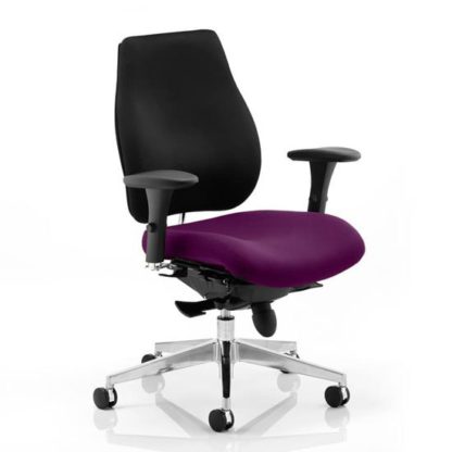 d3940d82f7ccf2950fc0e16a49befb9eed55214918c91421bfca4ad489f30938.jpg An Image of Chiro Plus Black Back Office Chair With Tansy Purple Seat