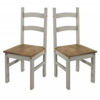 An Image of Corina Wooden Dining Chairs In Grey Washed Wax In A Pair