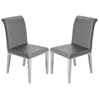 An Image of Kirkland Grey Leather Dining Chairs In Pair With Chrome Legs