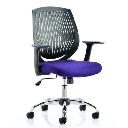 d5126f8346b2a6648153349eff72446babb30817205f0a3996a5cc50bb41812d.jpg An Image of Dura Black Back Office Chair With Tansy Purple Seat